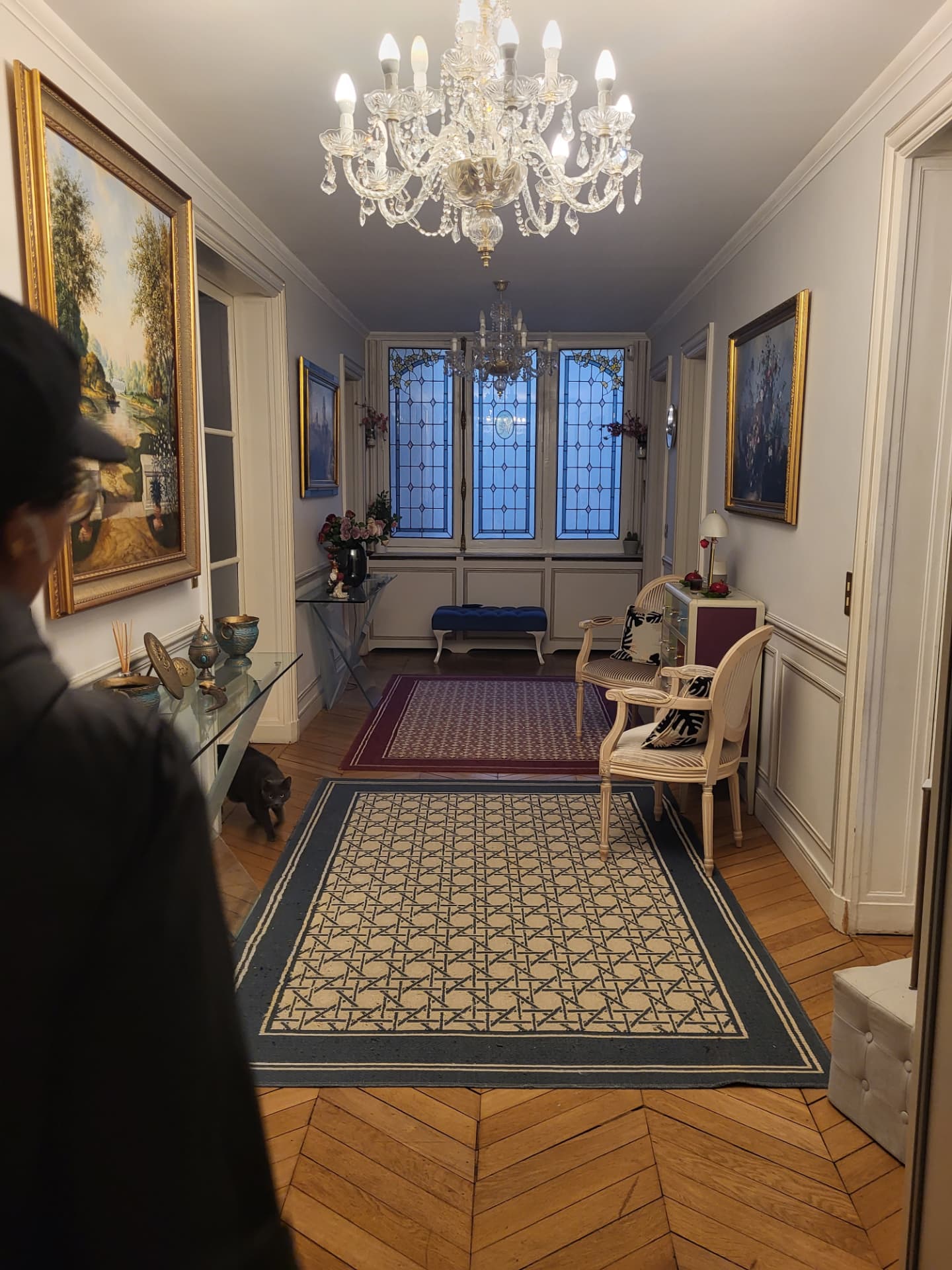 A chandeliered Parisian hallway with stained-glass windows, gilt-framed paintings and a grey cat