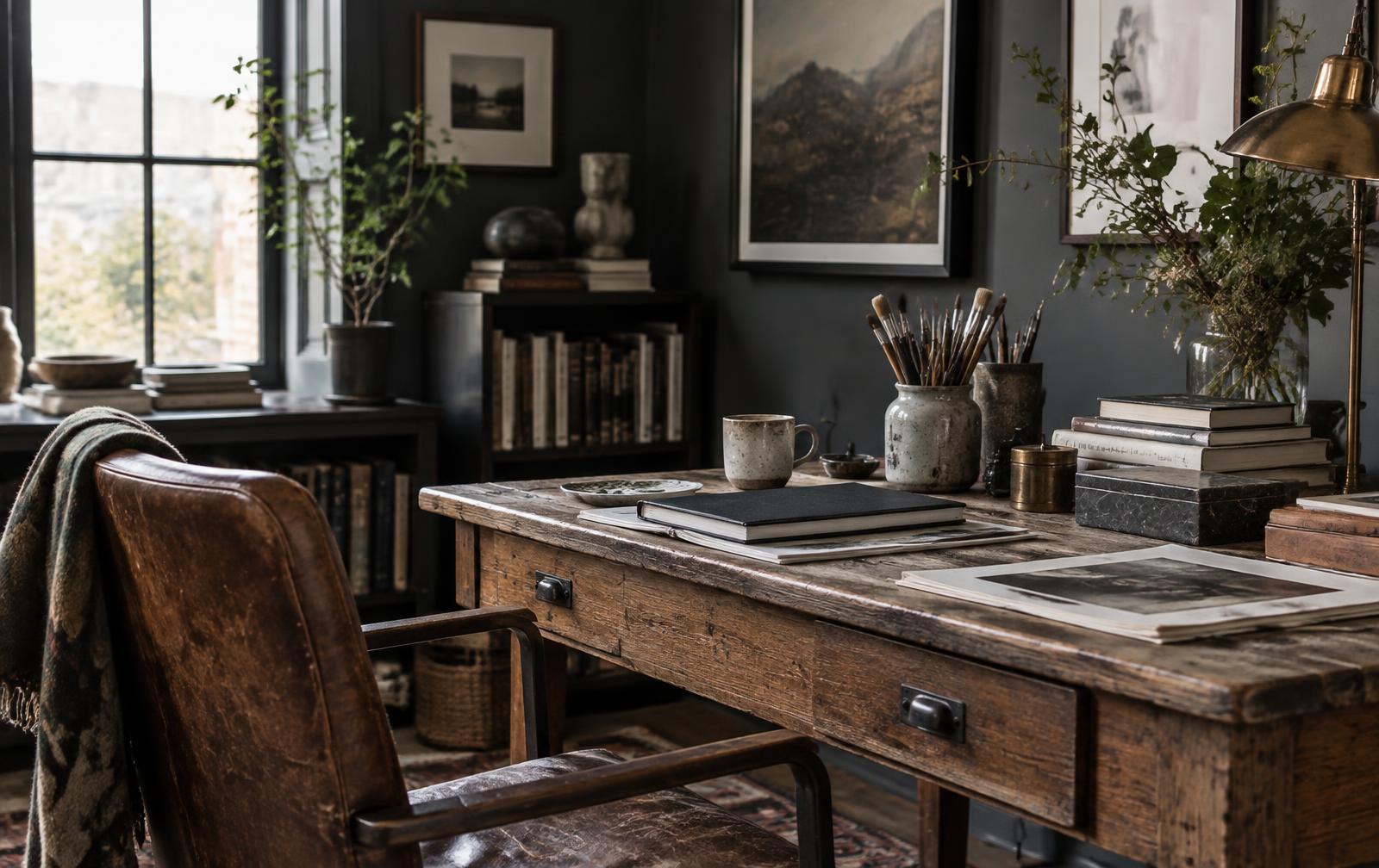 A lived-in study with a wooden desk, art books, brushes and framed prints