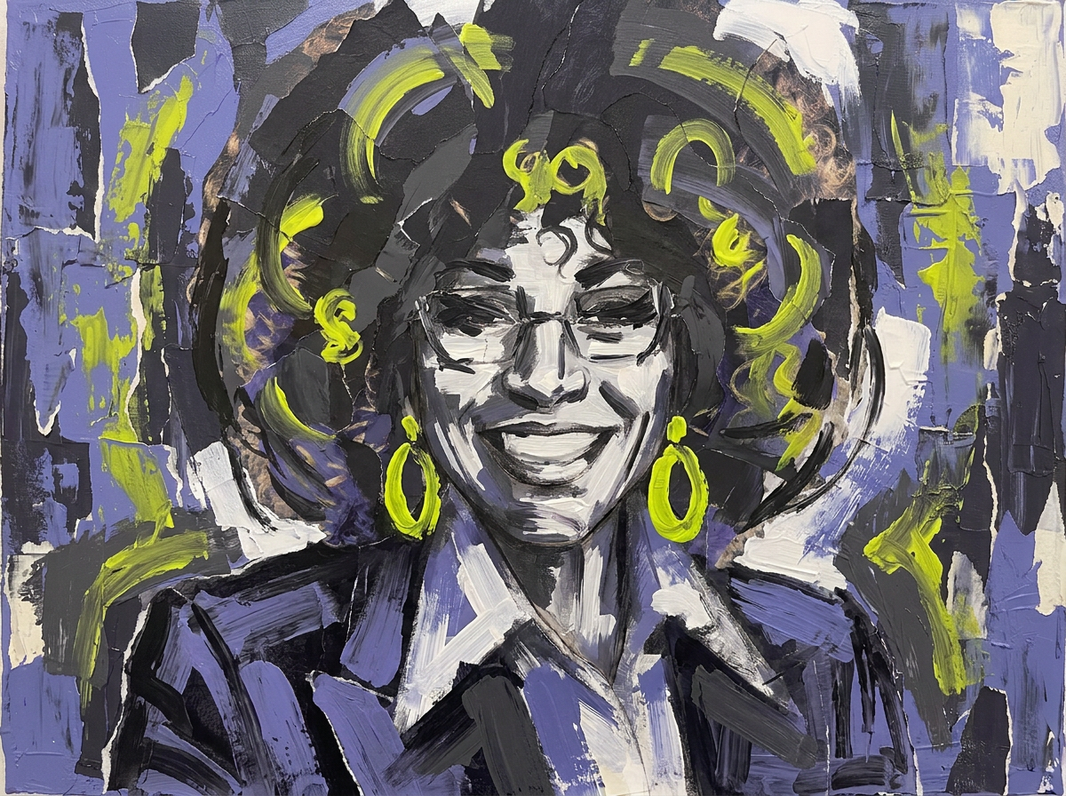Mixed-media painted portrait in profile, built from torn paper and thick paint in periwinkle, black and ivory