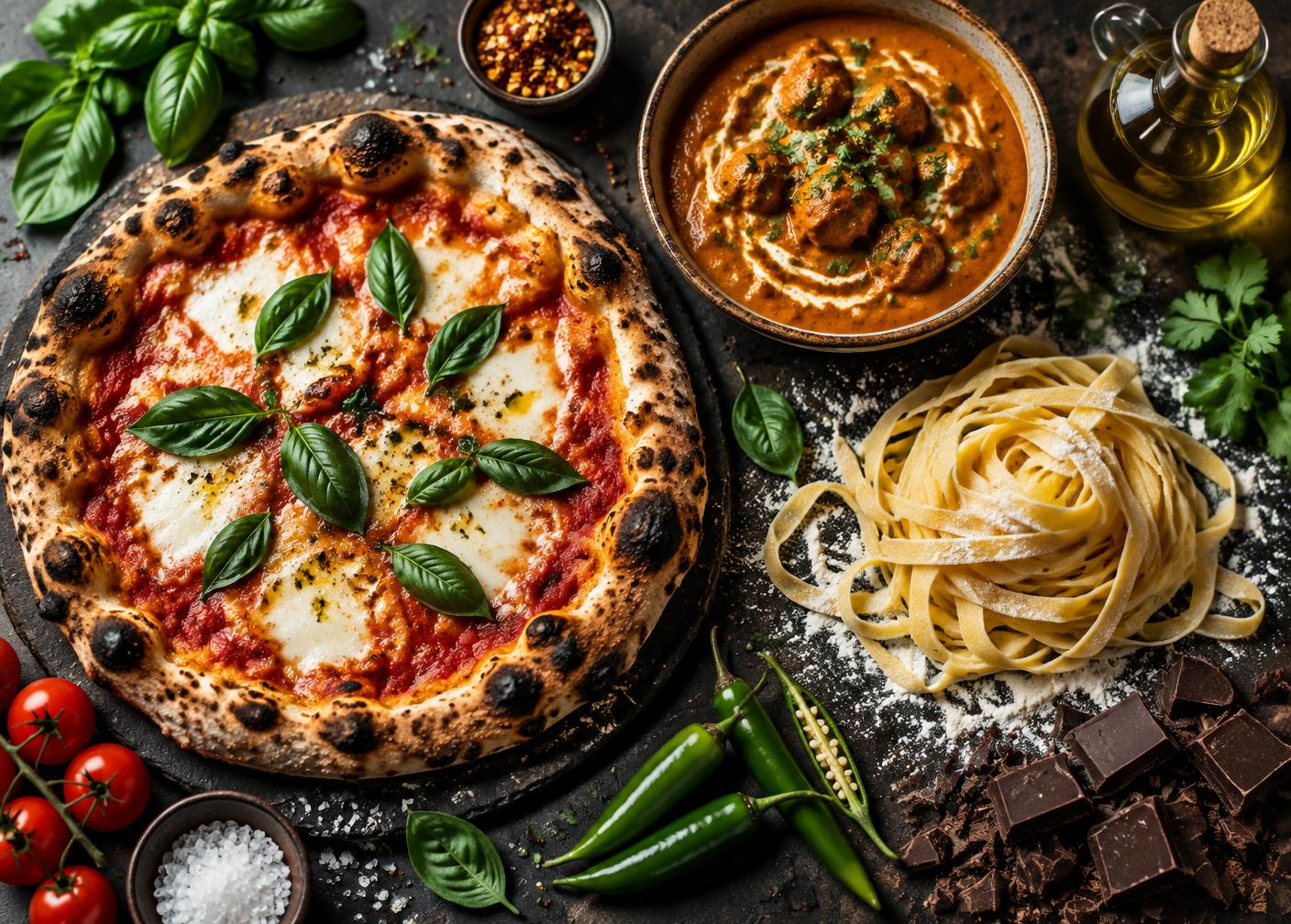 Overhead photograph of an international table: pizza, curry, fresh pasta, herbs and chocolate on dark slate