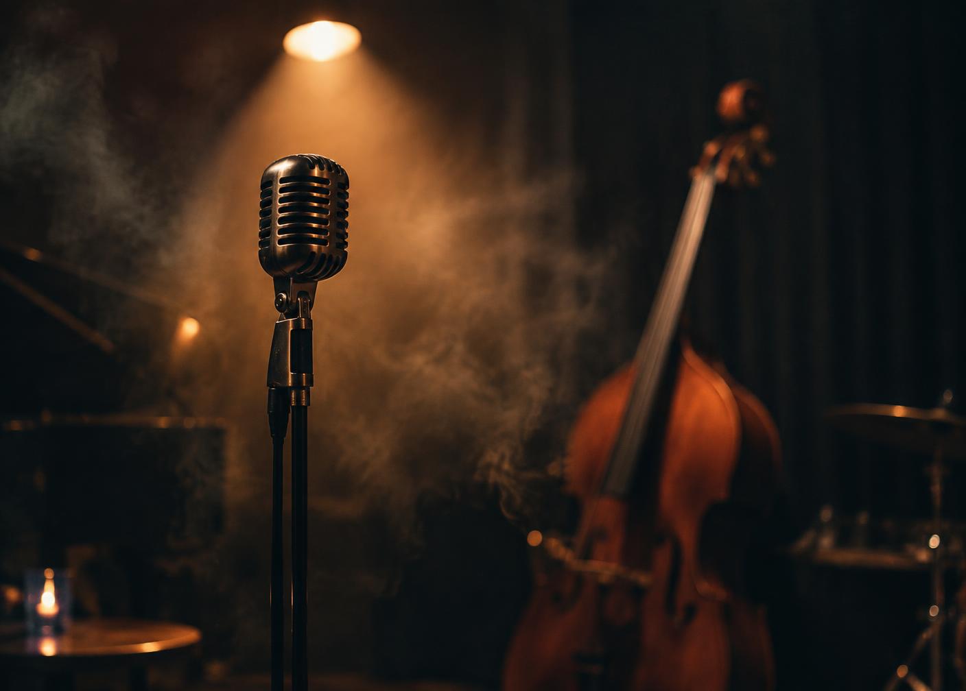 Vintage microphone lit from above in a dark jazz club with a double bass behind it