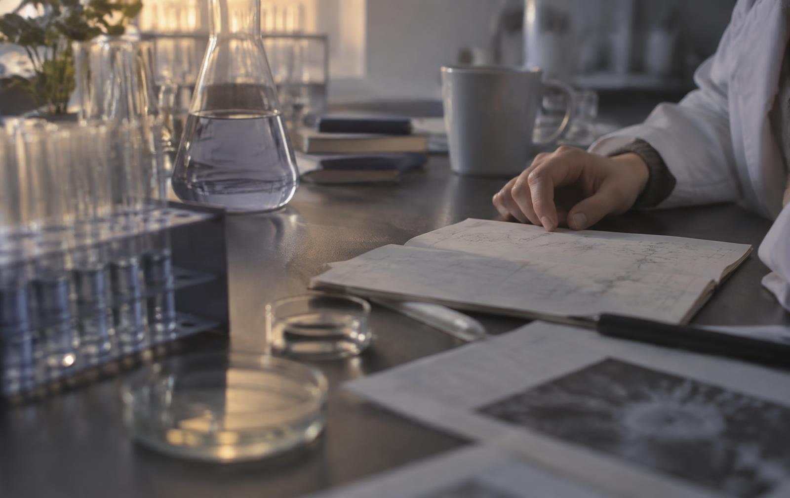 Research notes and laboratory glassware on a dark work surface