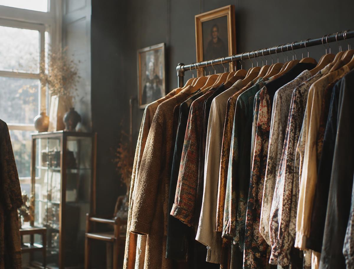 Rail of vintage coats and patterned garments in a sunlit thrift shop